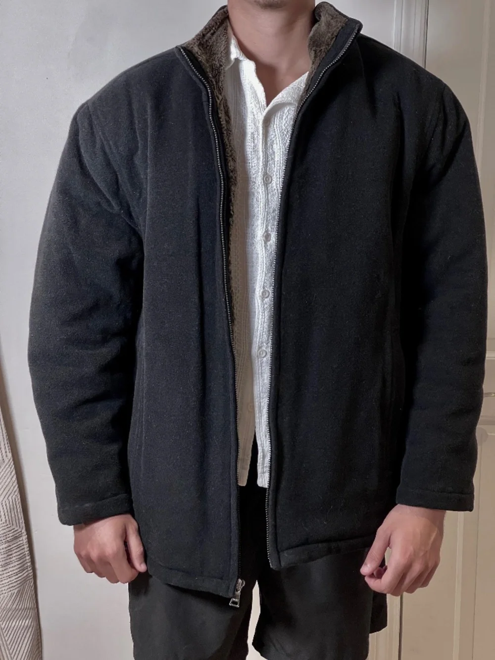Marc New York black wool cashmere faux fur collar winter car coat jacket men XL